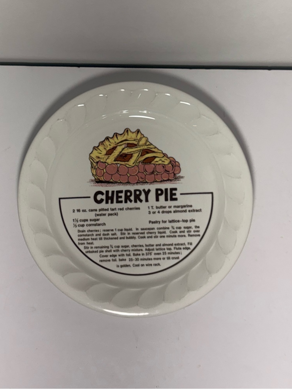 Cherry Pie Recipe Pie Plate 10.5” Vintage